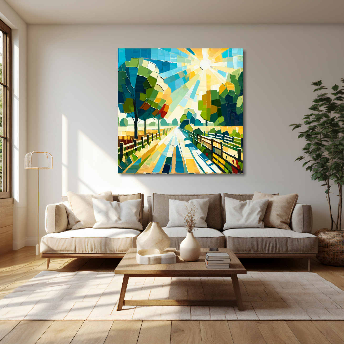 40 inch by 40 inch square canvas featuring a English farm drive landscape. Mounted on a cream wall above a cream sofa with decorative pillows.