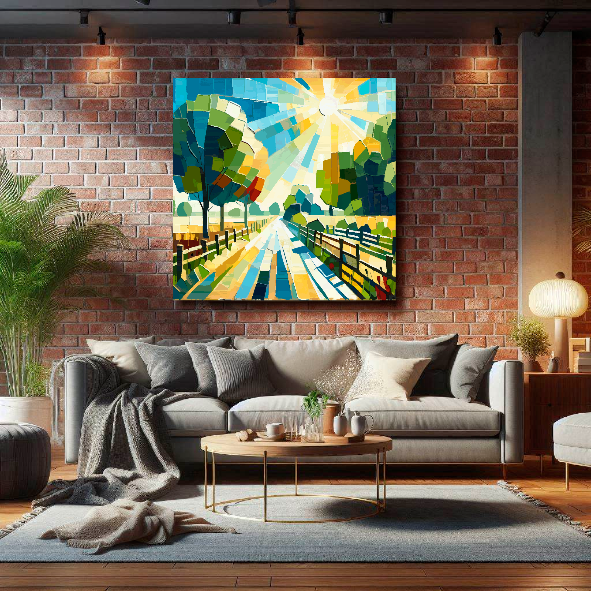 Large canvas wall art - Colourful Abstract of a farm drive landscape, bold  and vibrant colours. Available in 3 large sizes.