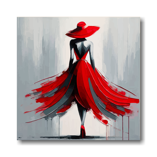 Abstract painting of a woman in a red dress and hat on a gray background