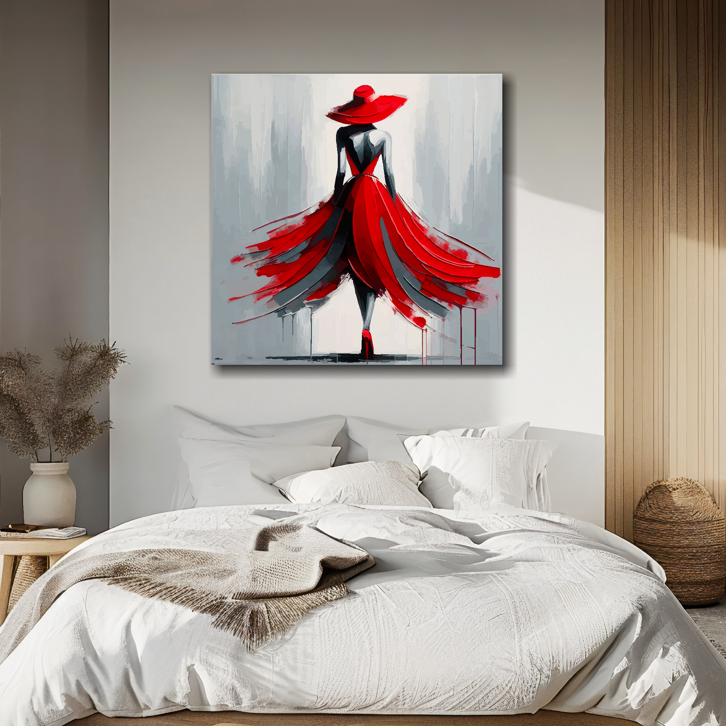 Abstract painting of a woman in a red dress on a wall above a bed.