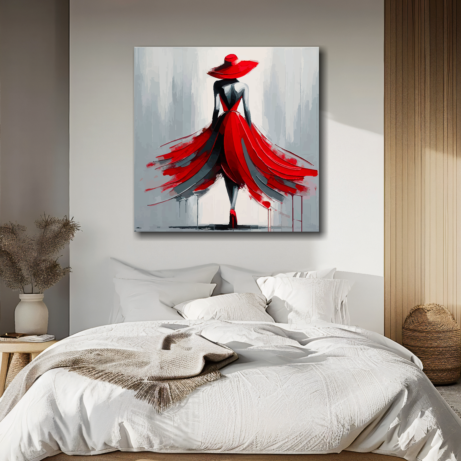 Abstract painting of a woman in a red dress on a wall above a bed.
