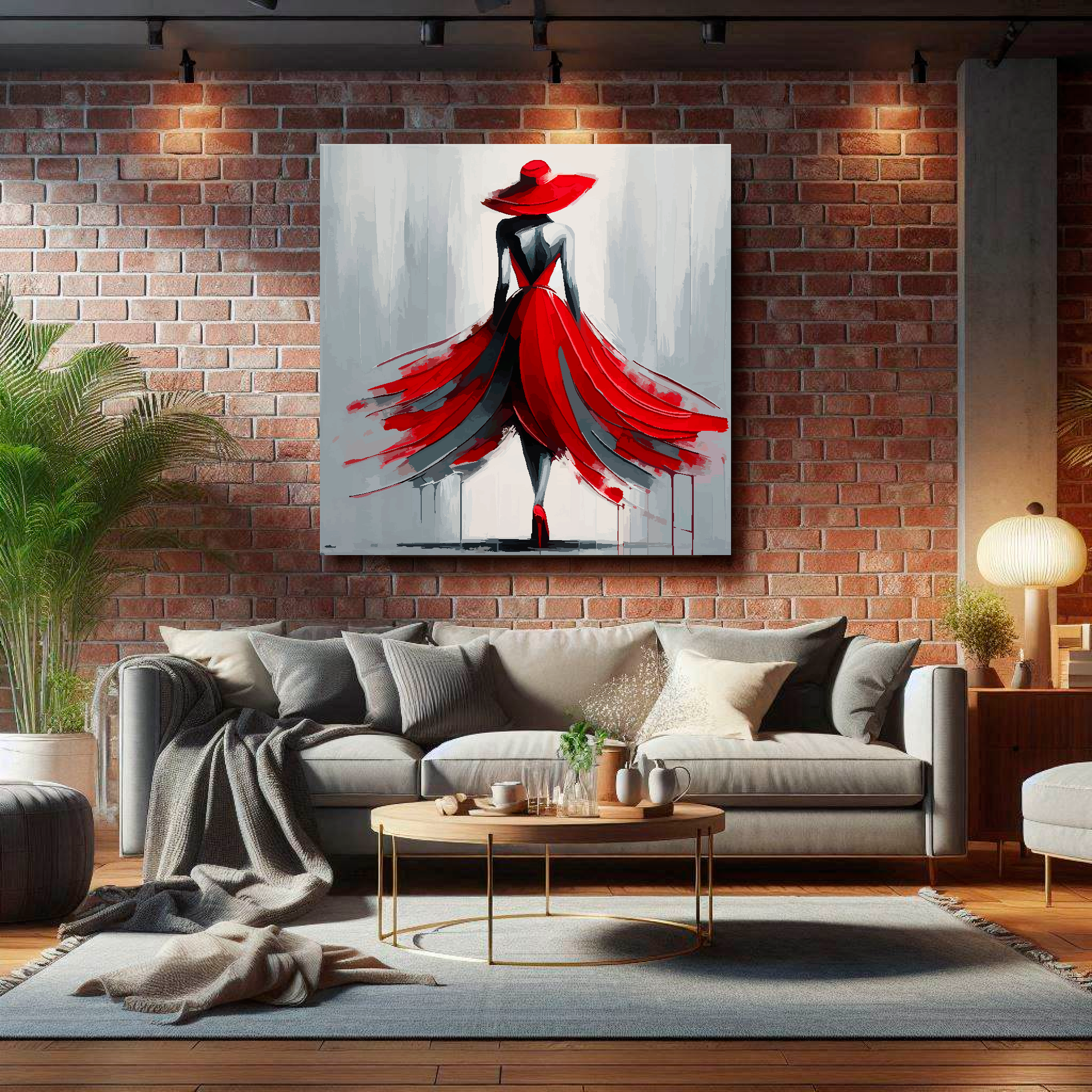 Living room with a gray sofa, coffee table, and a painting of a woman in a red dress on a brick wall.