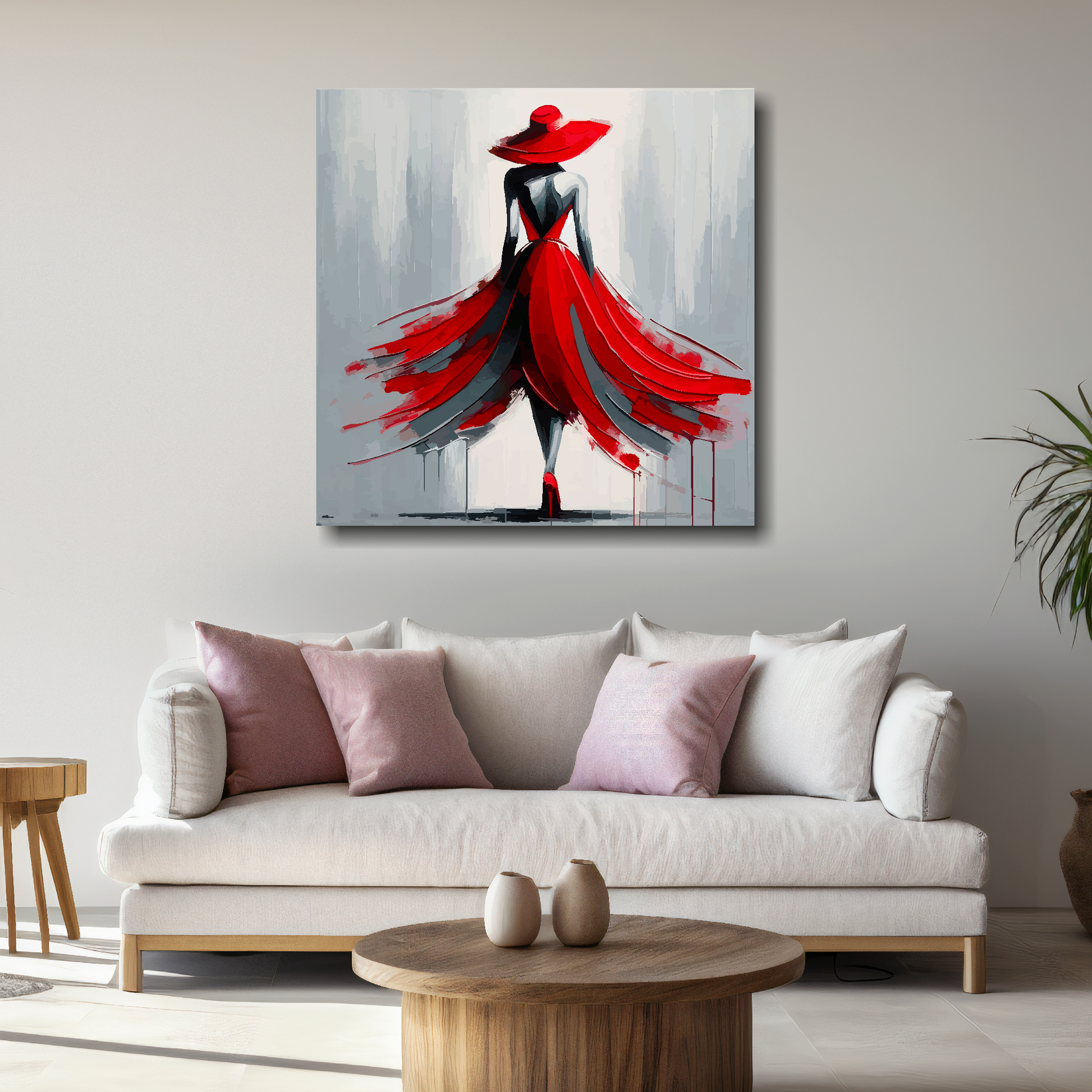 Modern living room with a painting of a woman in a red dress on the wall.