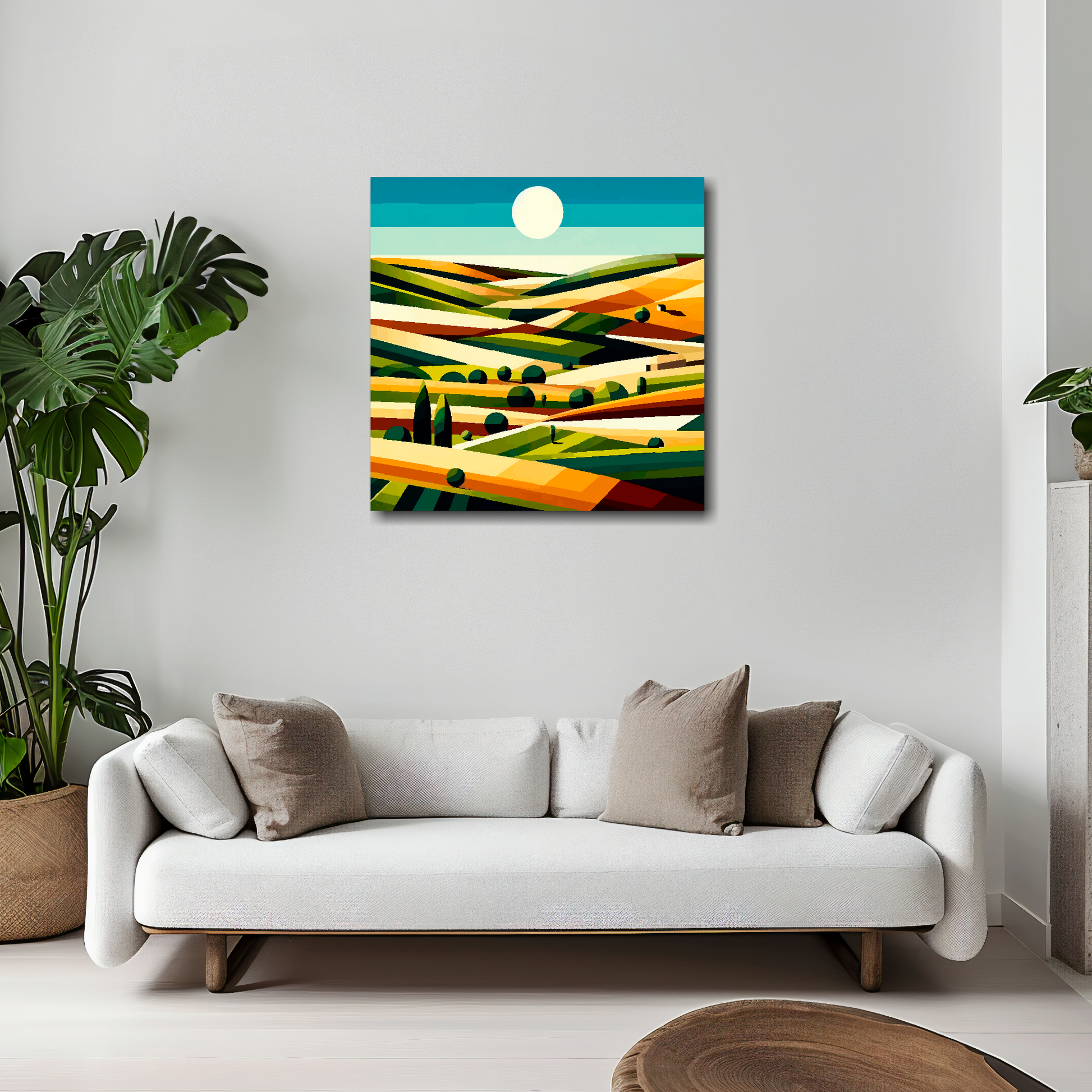 20 inch by 20 inch square canvas featuring a English field landscape, cubism style. Mounted on a white wall above a white sofa with decorative pillows.