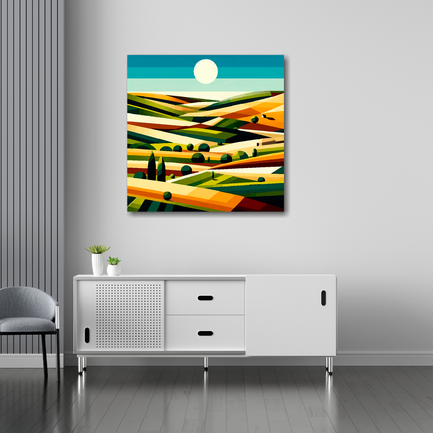 30 inch by 30 inch square canvas featuring a English field landscape, cubism style. Mounted on a white wall above a white sideboard.