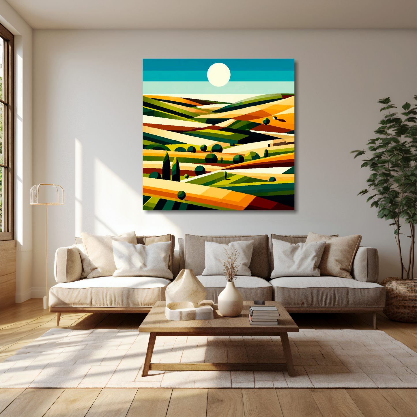 40 inch by 40 inch square canvas featuring a English field landscape, cubism style. Mounted on a cream wall above a cream sofa with decorative pillows.