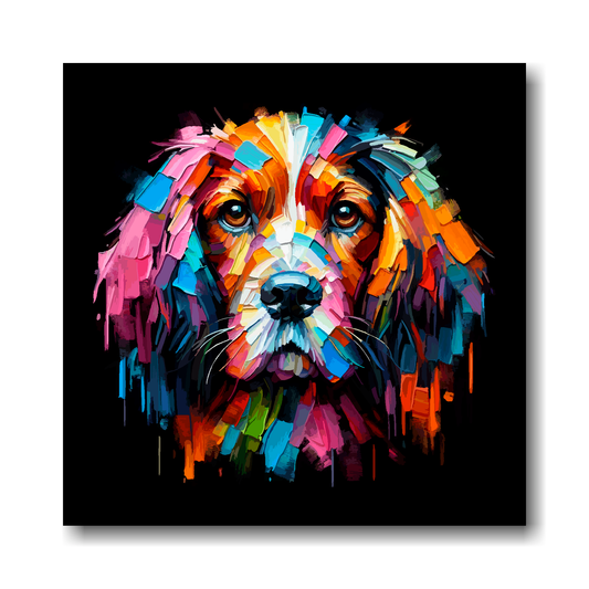 Colourful abstract painting of a Field Spaniel's face on a black background.
