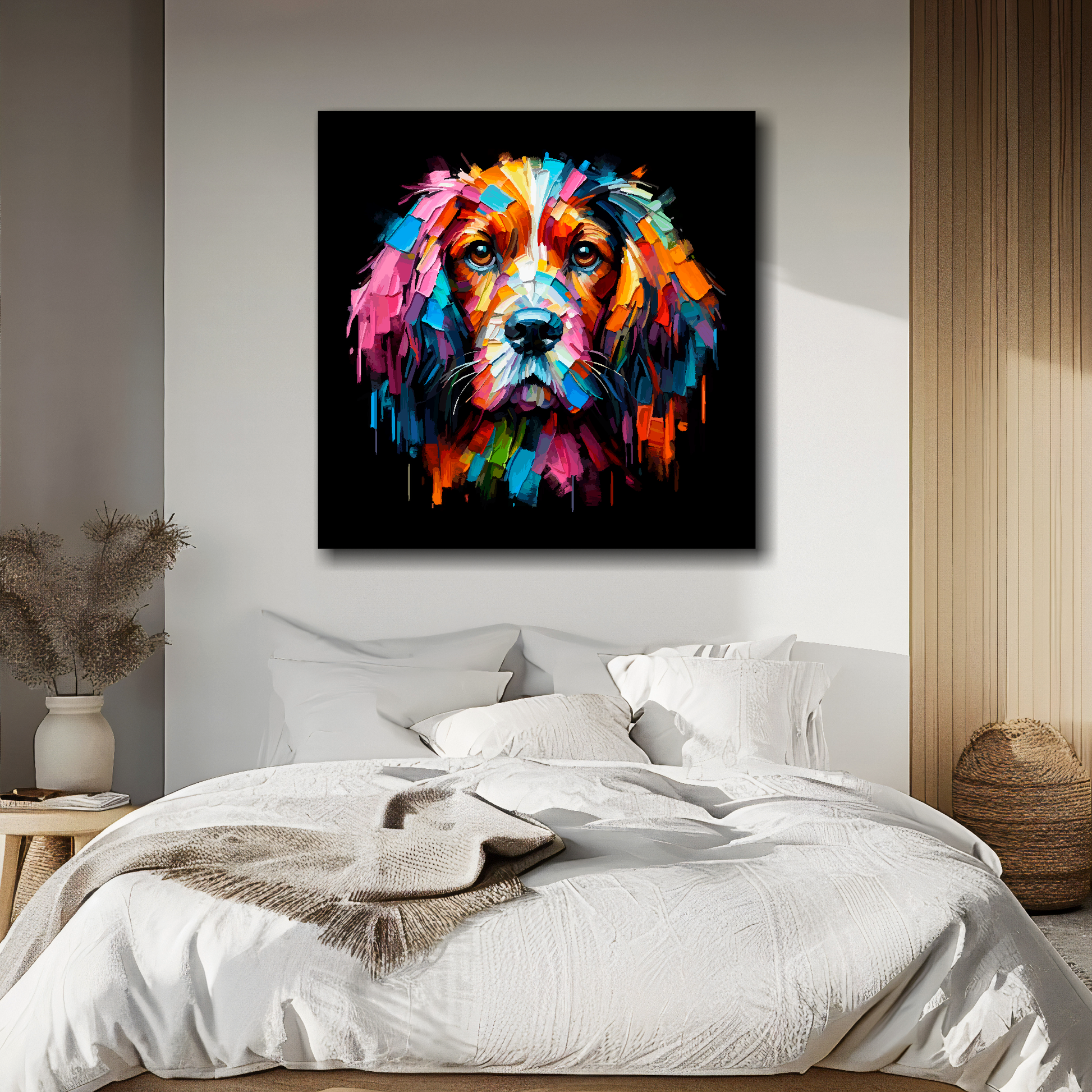 Square canvas featuring a multi-coloured Field Spaniel dog portrait. Mounted on a white wall above a double bed.