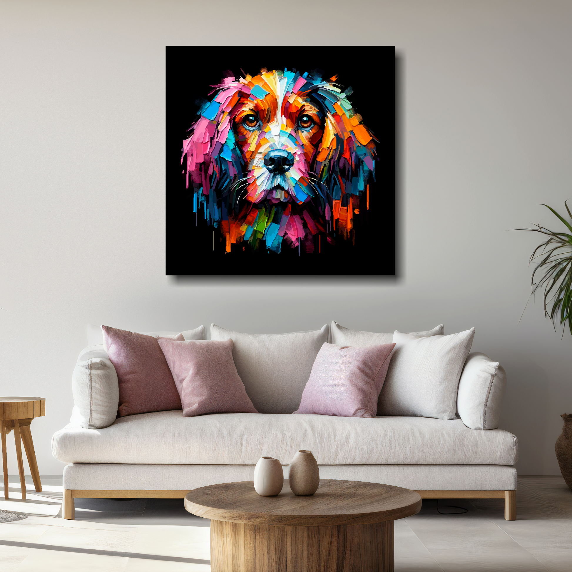 Large canvas featuring a multi-coloured Field Spaniel dog portrait. Mounted on a white wall above a white sofa with decorative pillows.