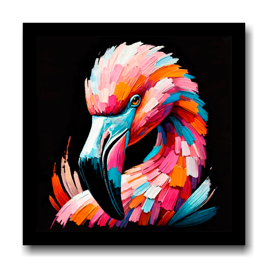 Large canvas wall art - A vibrant multi-coloured head portrait of a Flamingo. Available in 3 large sizes.