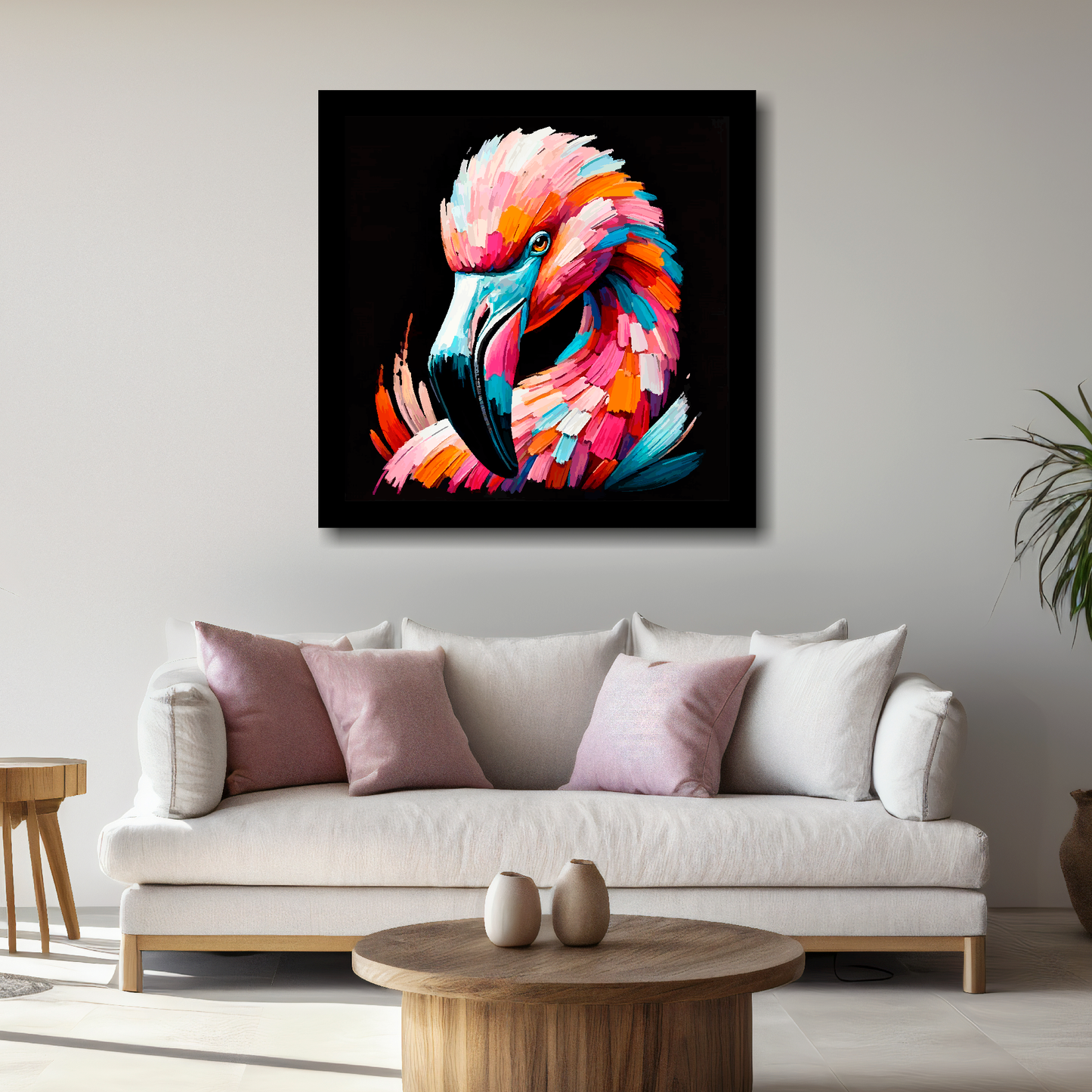 Large canvas wall art - A vibrant multi-coloured head portrait of a Flamingo. Available in 3 large sizes.