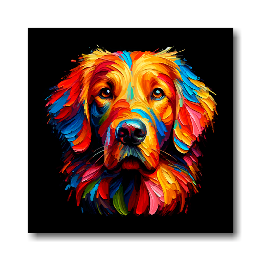 Colourful painting of a Flat Coated Retriever's face on a black background