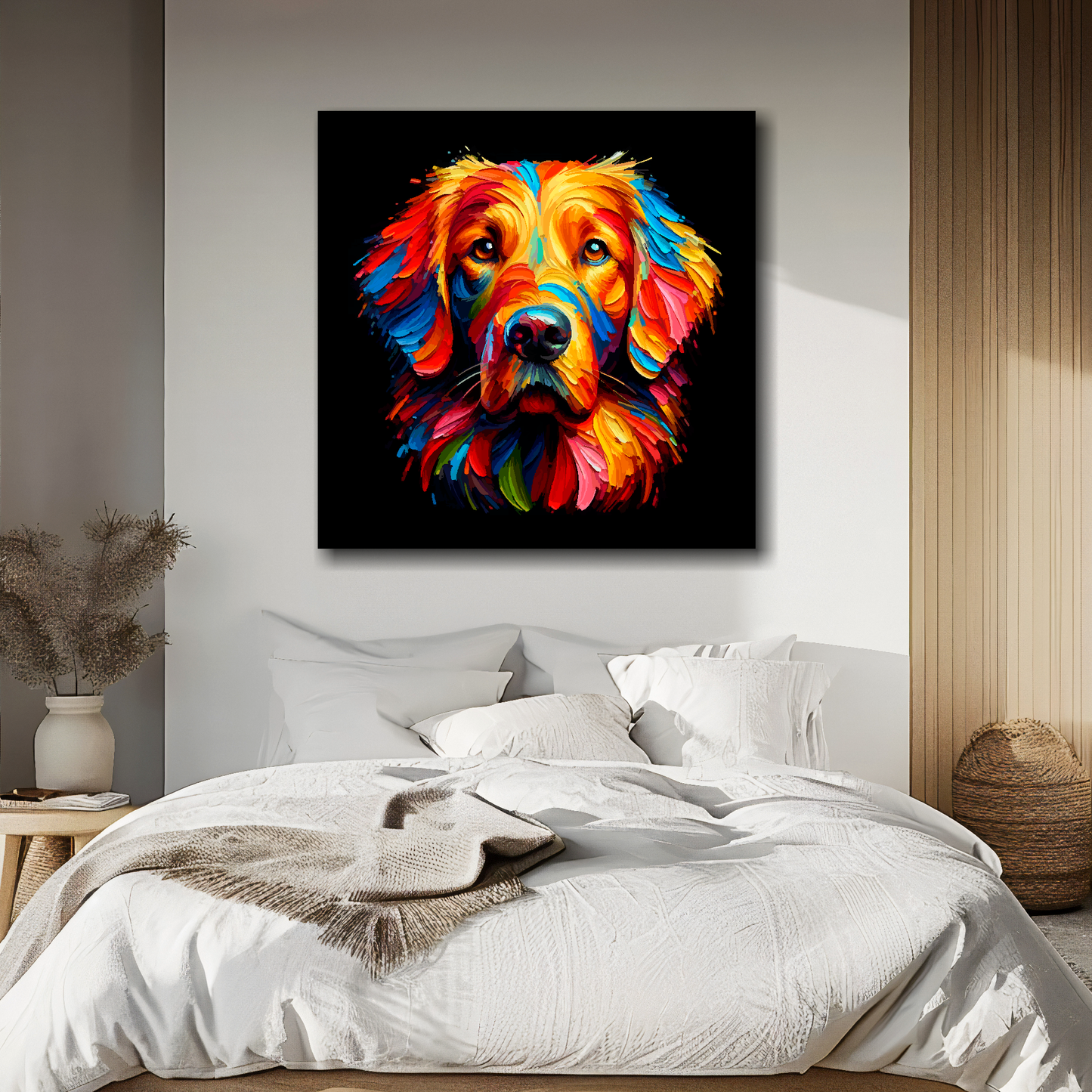Square canvas featuring a multi-coloured Flat Coated Retriever dog portrait. Mounted on a white wall above a double bed.