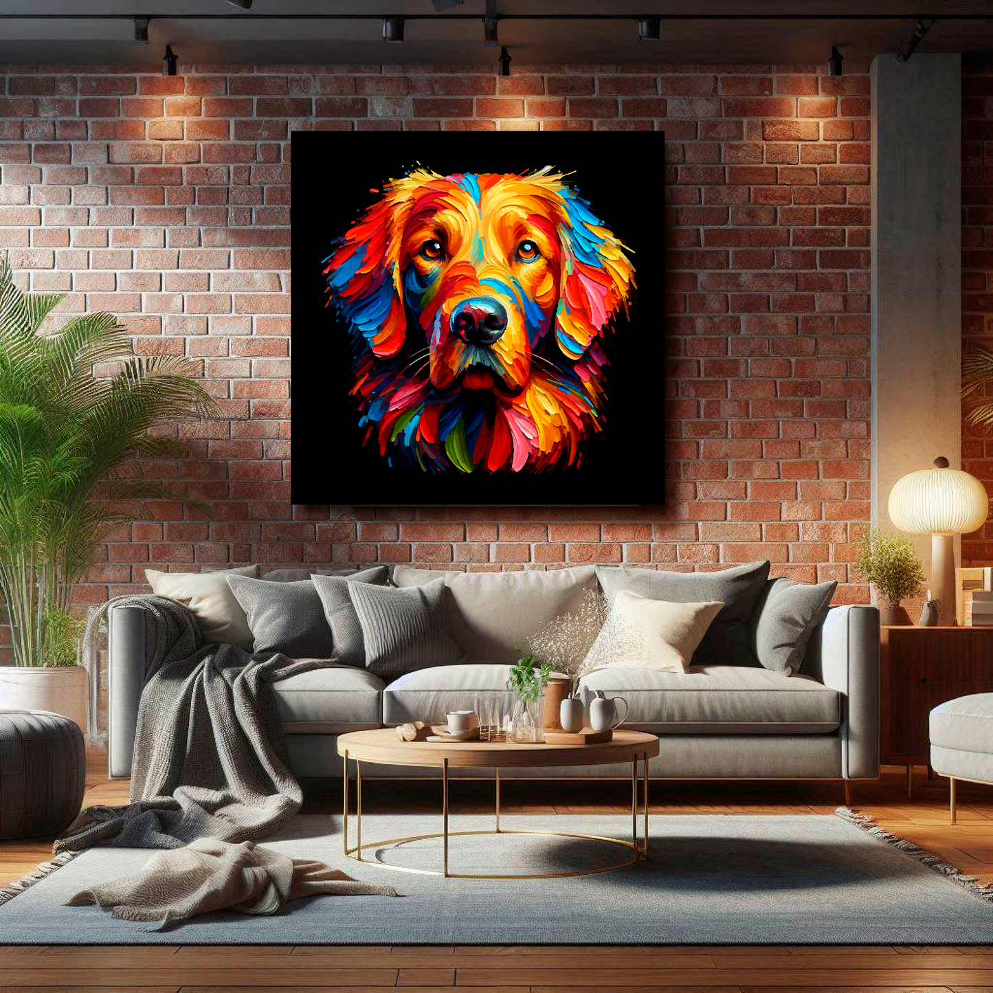 Large canvas featuring a multi-coloured Flat Coated Retriever dog portrait. Mounted on a brick wall above a grey sofa with decorative pillows.