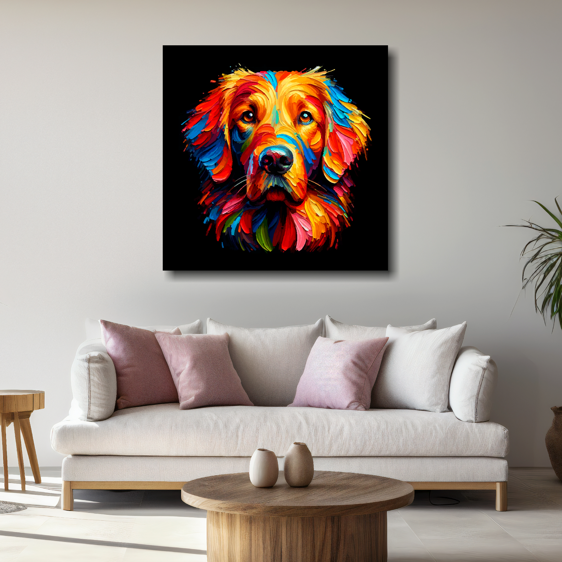Large canvas featuring a multi-coloured Flat Coated Retriever dog portrait. Mounted on a white wall above a white sofa with decorative pillows.