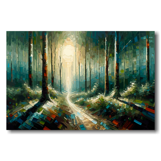 Canvas print of a forest with sunlight filtering through the trees