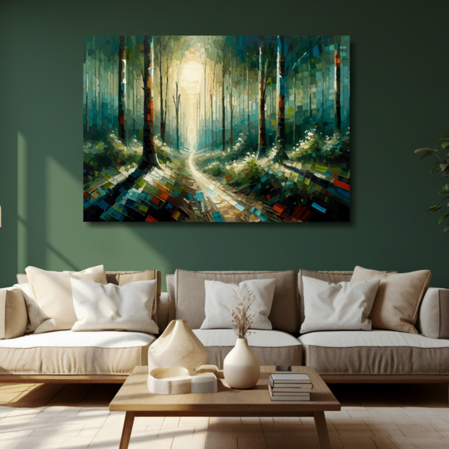 Forest path canvas 60x40 inches above cream sofa - XL vibrant landscape wall art UK
