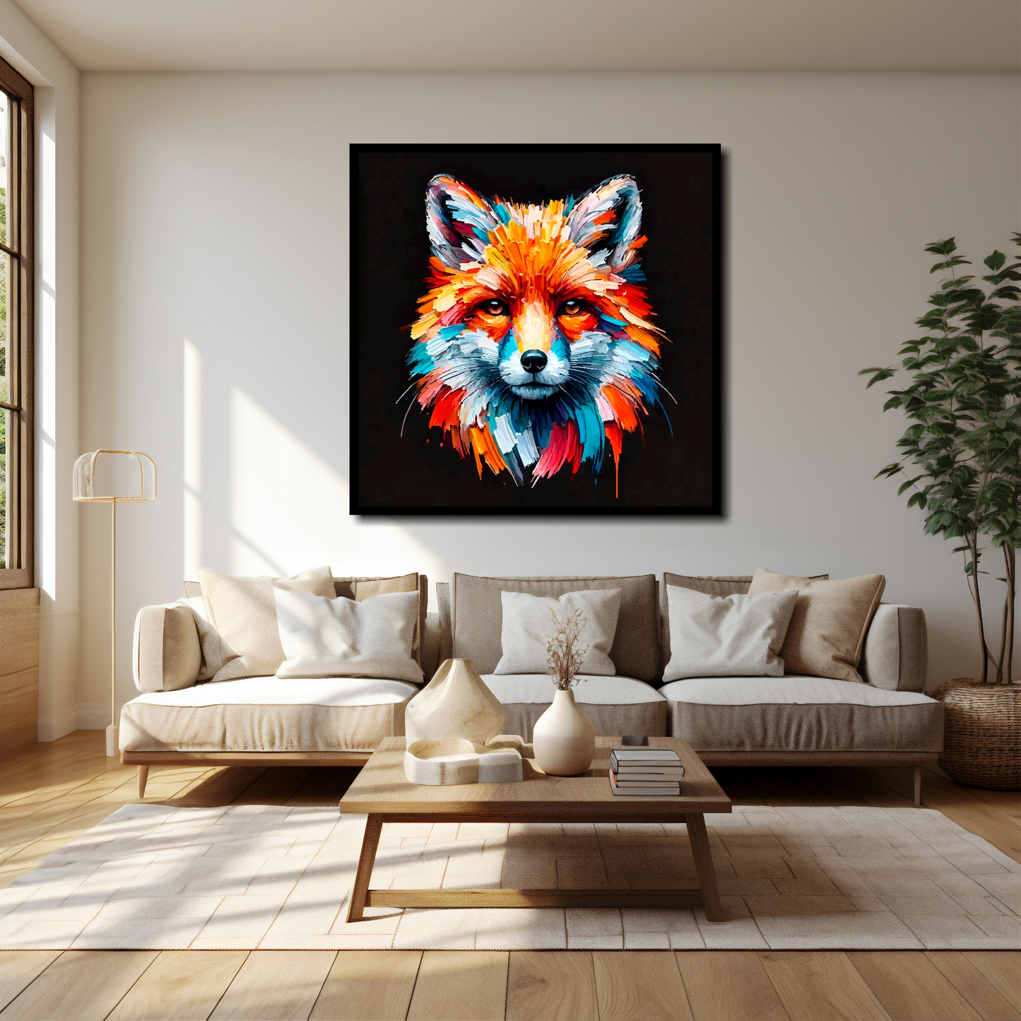 40 inch by 40 inch square canvas of a colouful Fox Portrait on a black background. Mounted on a white wall above a cream sofa with decorative pillows.