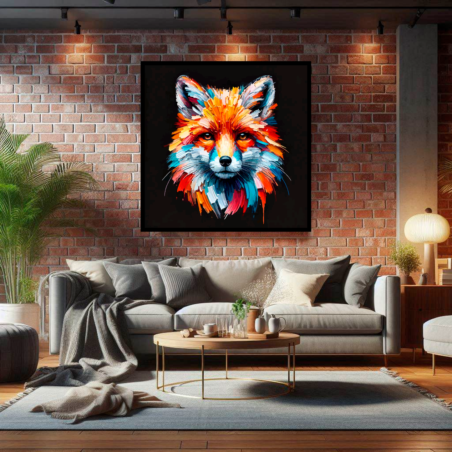 Large canvas wall art - A vibrant multi-coloured head portrait of a Fox. Available in 3 large sizes.
