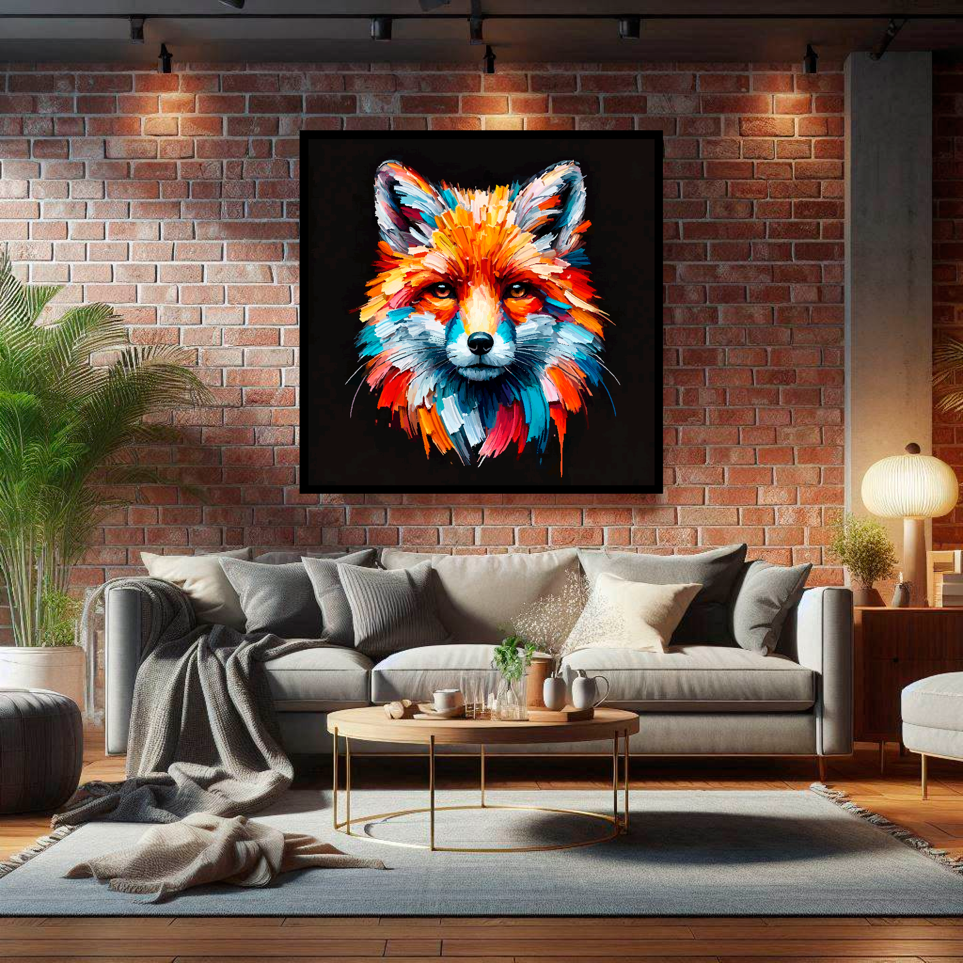 Large canvas wall art - A vibrant multi-coloured head portrait of a Fox. Available in 3 large sizes.