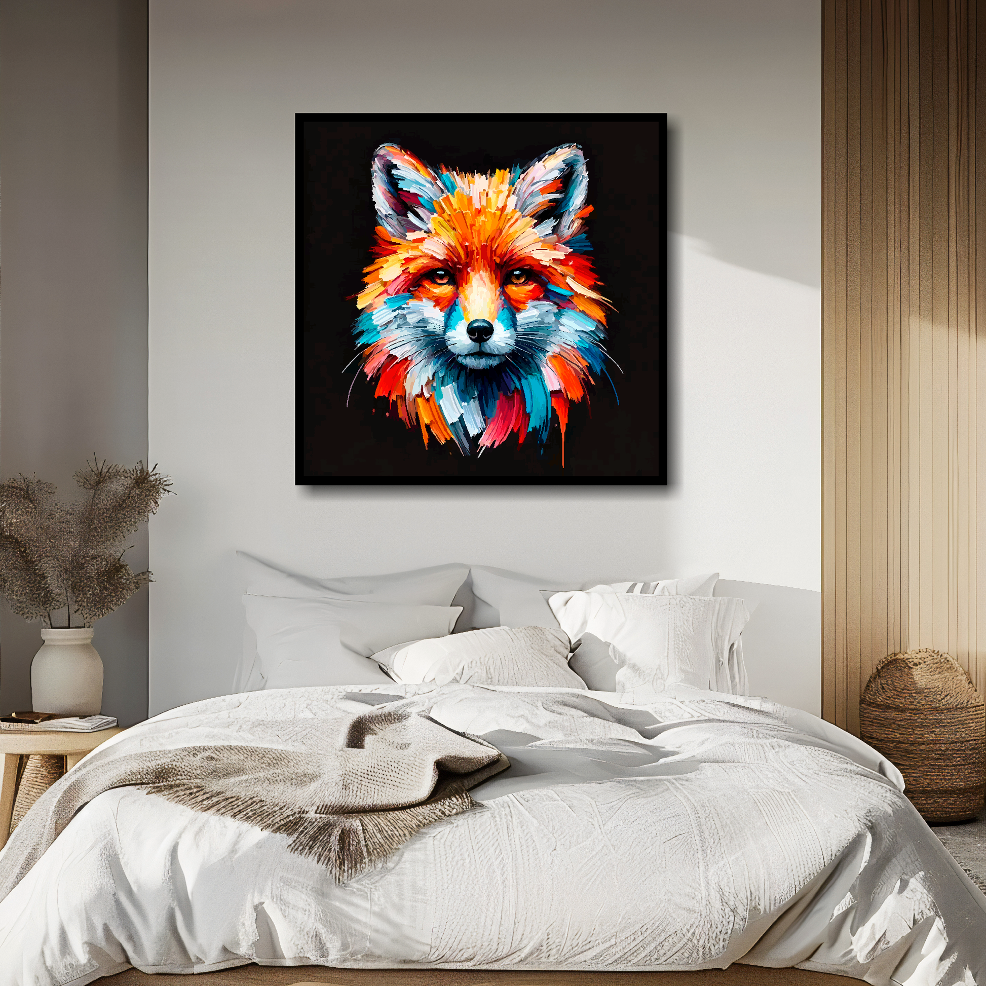 Large canvas wall art - A vibrant multi-coloured head portrait of a Fox. Available in 3 large sizes.