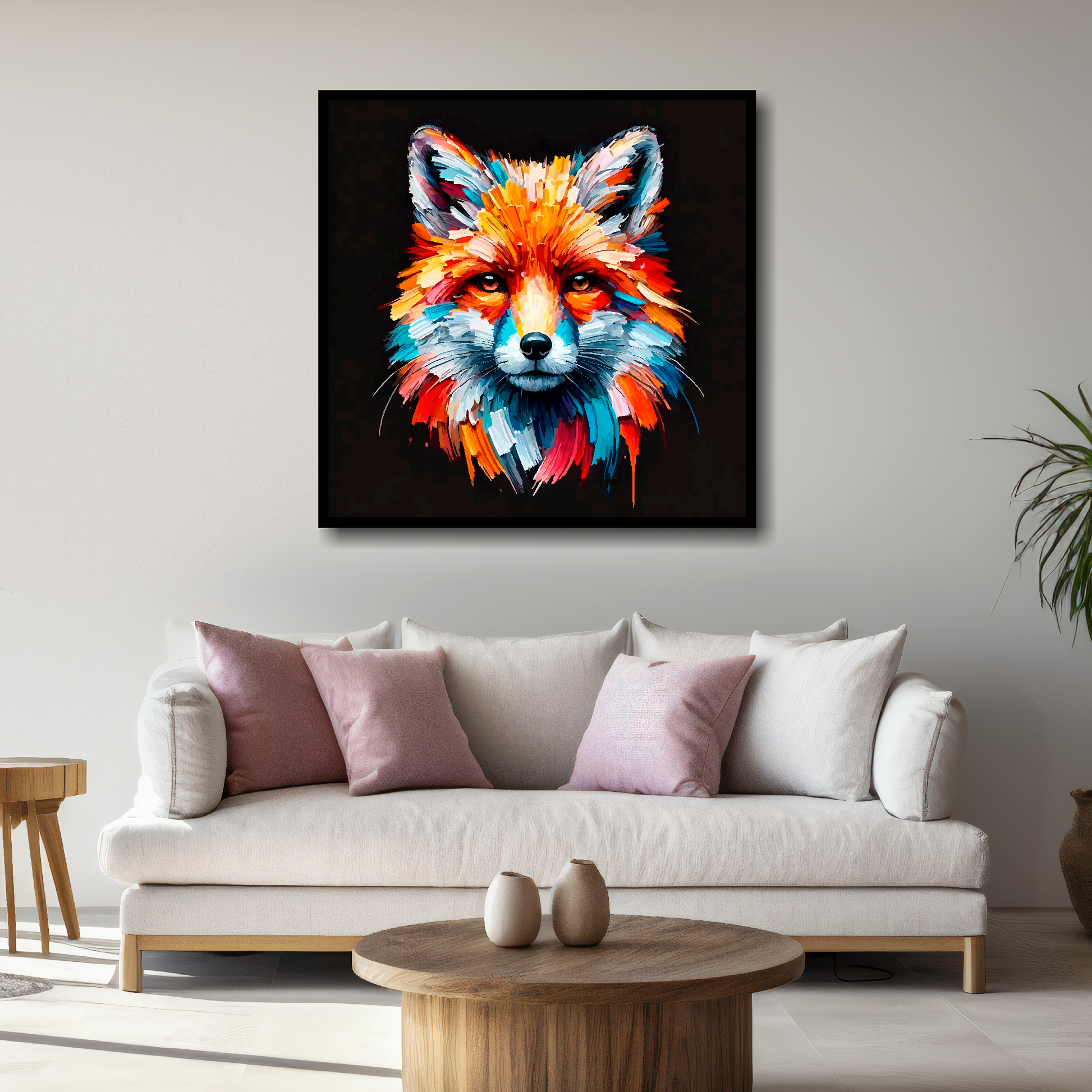 Large canvas wall art - A vibrant multi-coloured head portrait of a Fox. Available in 3 large sizes.