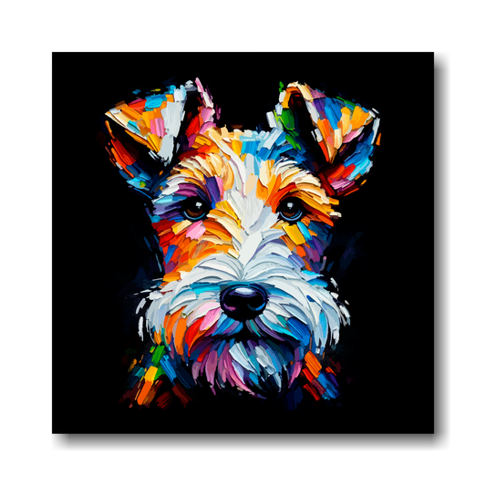 Colourful abstract painting of a Fox Terrier's face on a black background