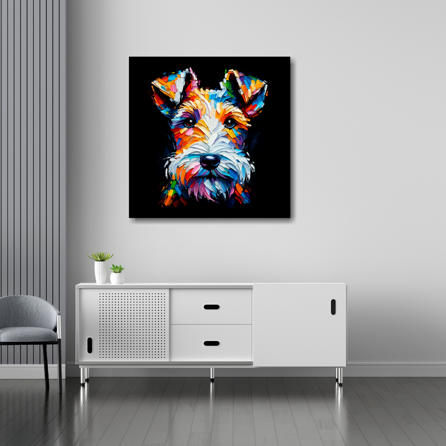 30 inch by 30 inch square canvas featuring a multi-coloured Fox Terrier dog portrait. Mounted on a white wall above a white sideboard.