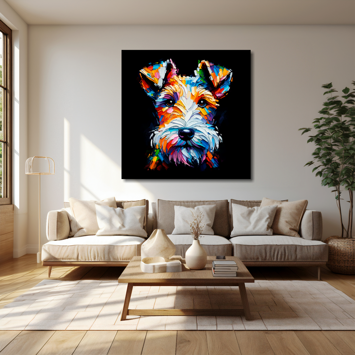 40 inch by 40 inch square canvas featuring a multi-coloured Fox Terrier dog portrait. Mounted on a cream wall above a cream sofa with decorative pillows.
