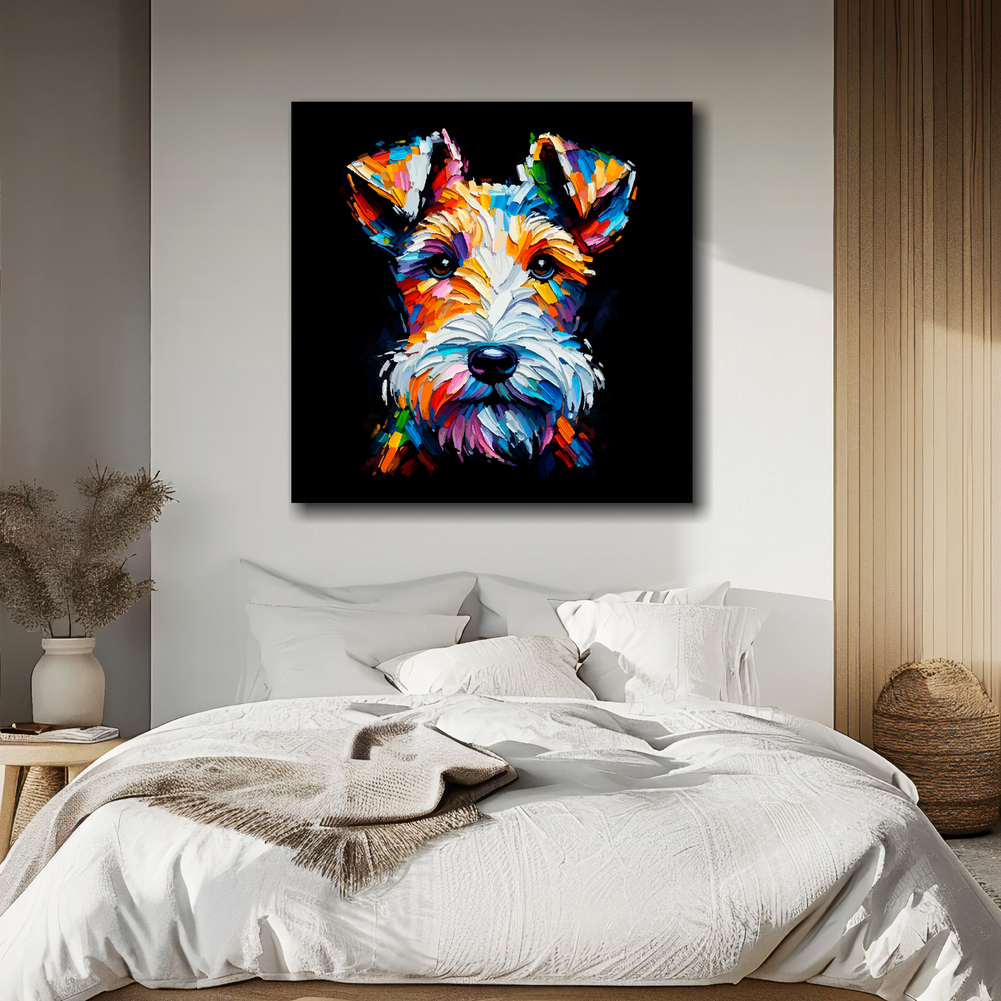 Square canvas featuring a multi-coloured Fox Terrier dog portrait. Mounted on a white wall above a double bed.