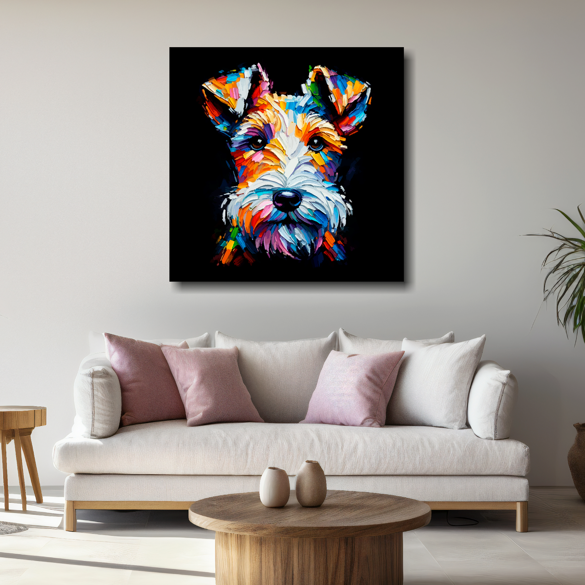 Large canvas featuring a multi-coloured Fox Terrier dog portrait. Mounted on a white wall above a white sofa with decorative pillows.