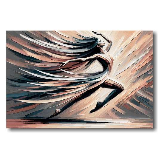 Abstract painting of a woman in a flowing dress with warm tones.