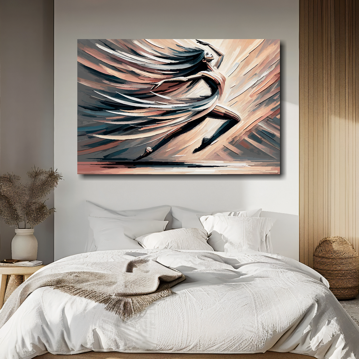 Abstract painting above a bed in a bedroom setting