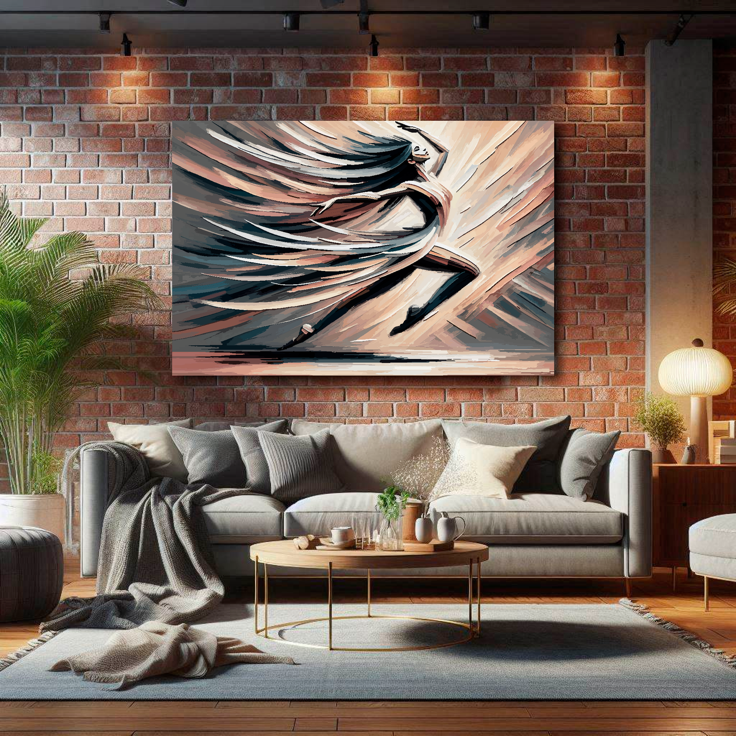 Modern living room with a gray sofa, abstract painting, and decorative items.