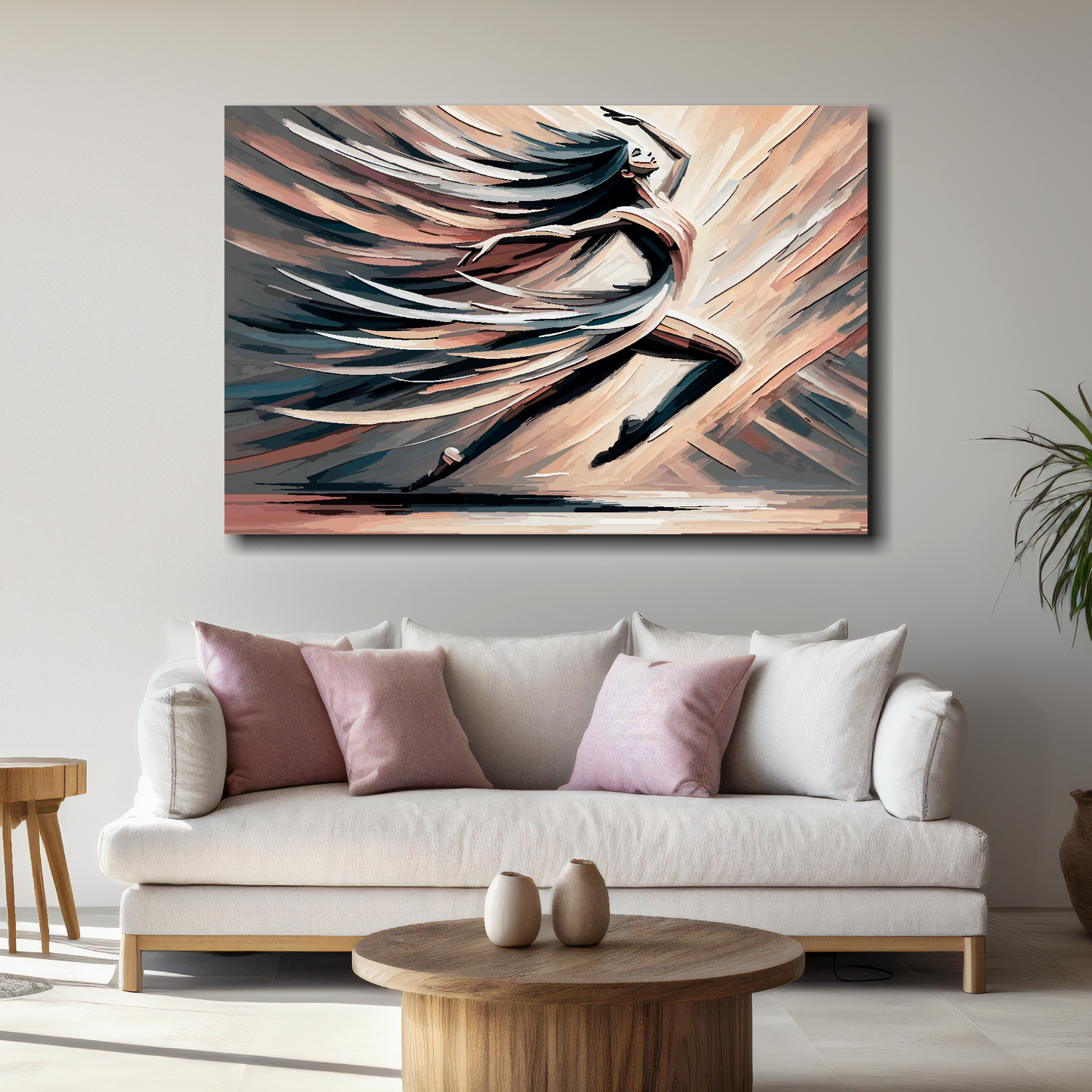 Abstract painting on a wall above a sofa in a living room