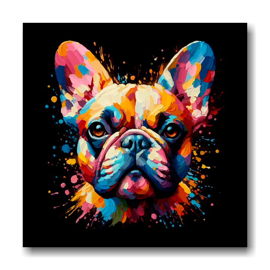 Large canvas wall art - A vibrant multi-coloured head portrait of a French Bulldog. Available in 3 large sizes.
