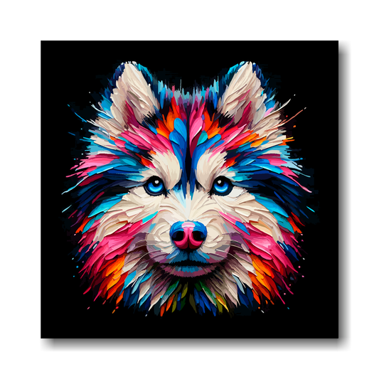 Colourful abstract painting of a Gerberian Husky dog's face on a black background.