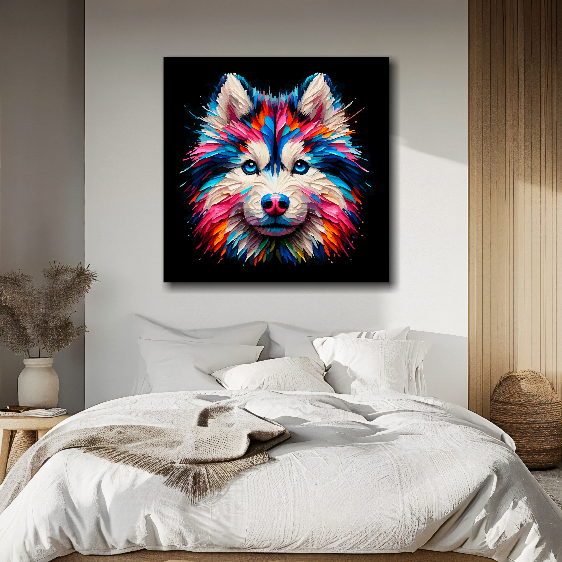 Canvas print featuring a multi-coloured Gerberian Husky dog portrait. Mounted on a white wall above a double bed.