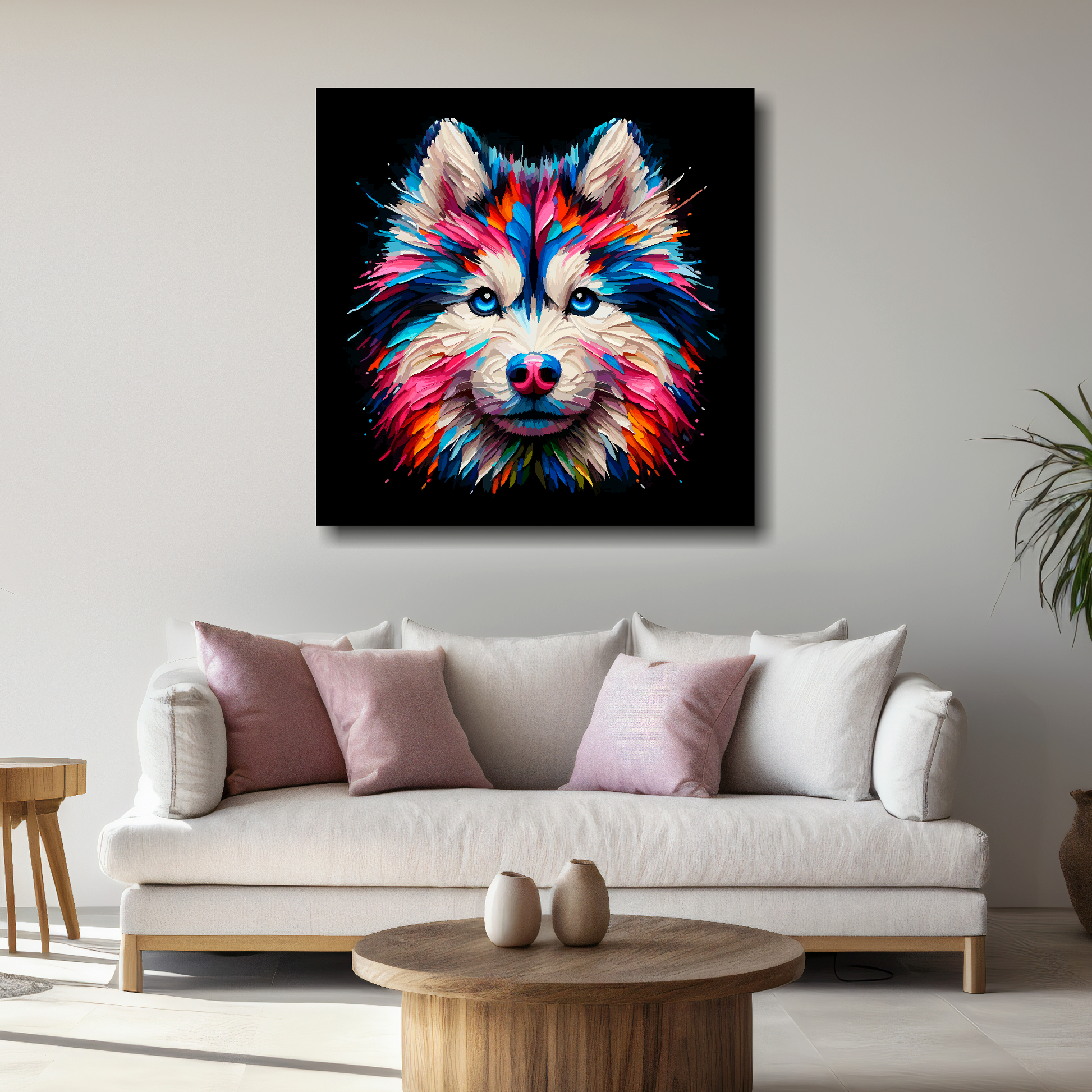 Large canvas print featuring a multi-coloured Gerberian Husky dog portrait. Mounted on a white wall above a white sofa with decorative pillows.
