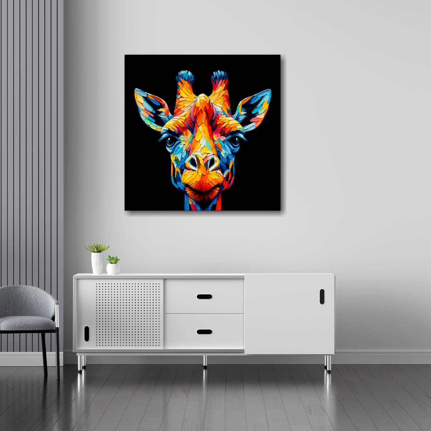 30 inch by 30 inch square canvas of a colouful Giraffe Portrait on a black background. Mounted on a white wall above a white sideboard.