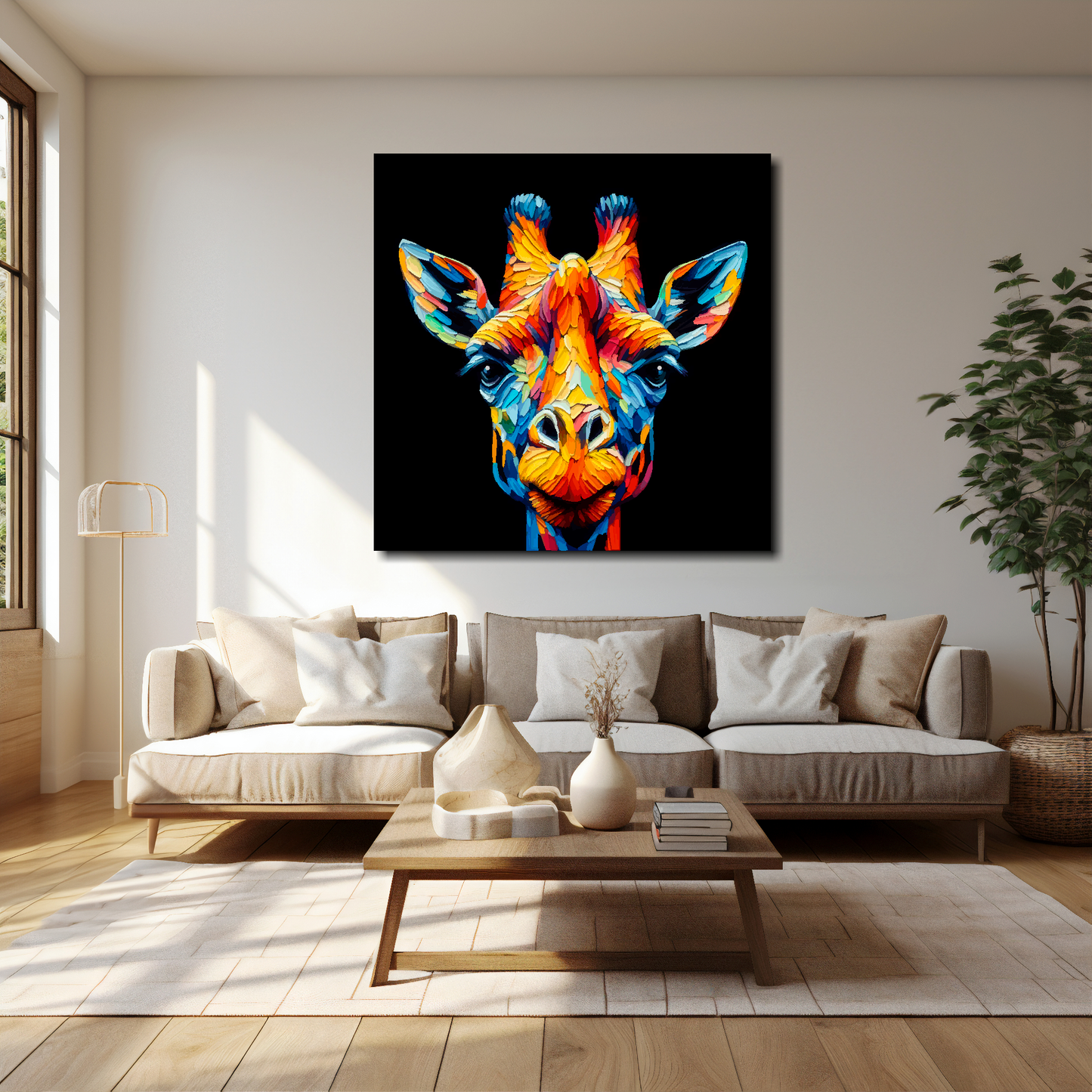40 inch by 40 inch square canvas of a colouful Giraffe Portrait on a black background. Mounted on a white wall above a cream sofa with decorative pillows.