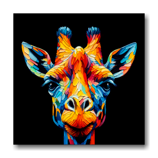 Large canvas wall art - A vibrant multi-coloured head portrait of a Giraffe. Available in 3 large sizes.