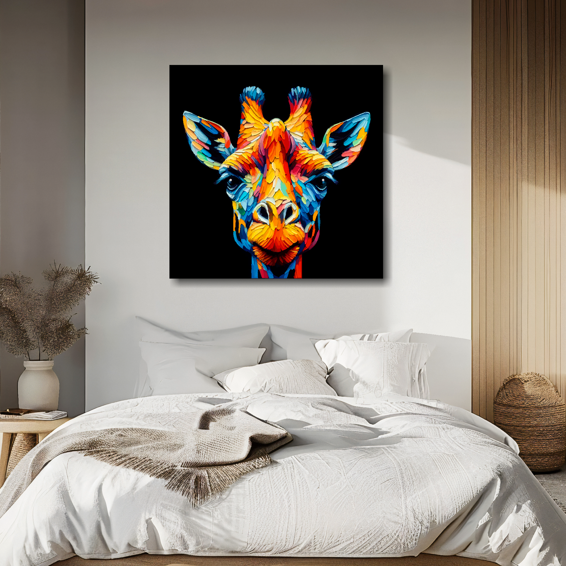 Large canvas wall art - A vibrant multi-coloured head portrait of a Giraffe. Available in 3 large sizes.