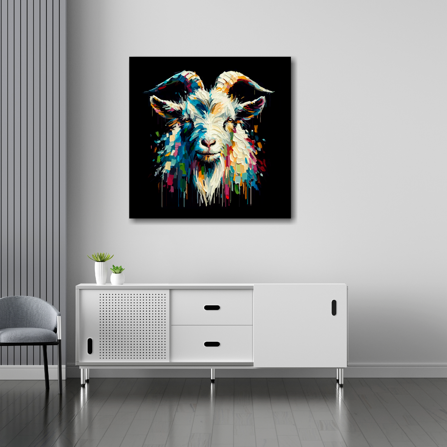30 inch by 30 inch square canvas of a colouful Goat Portrait on a black background. Mounted on a white wall above a white sideboard.
