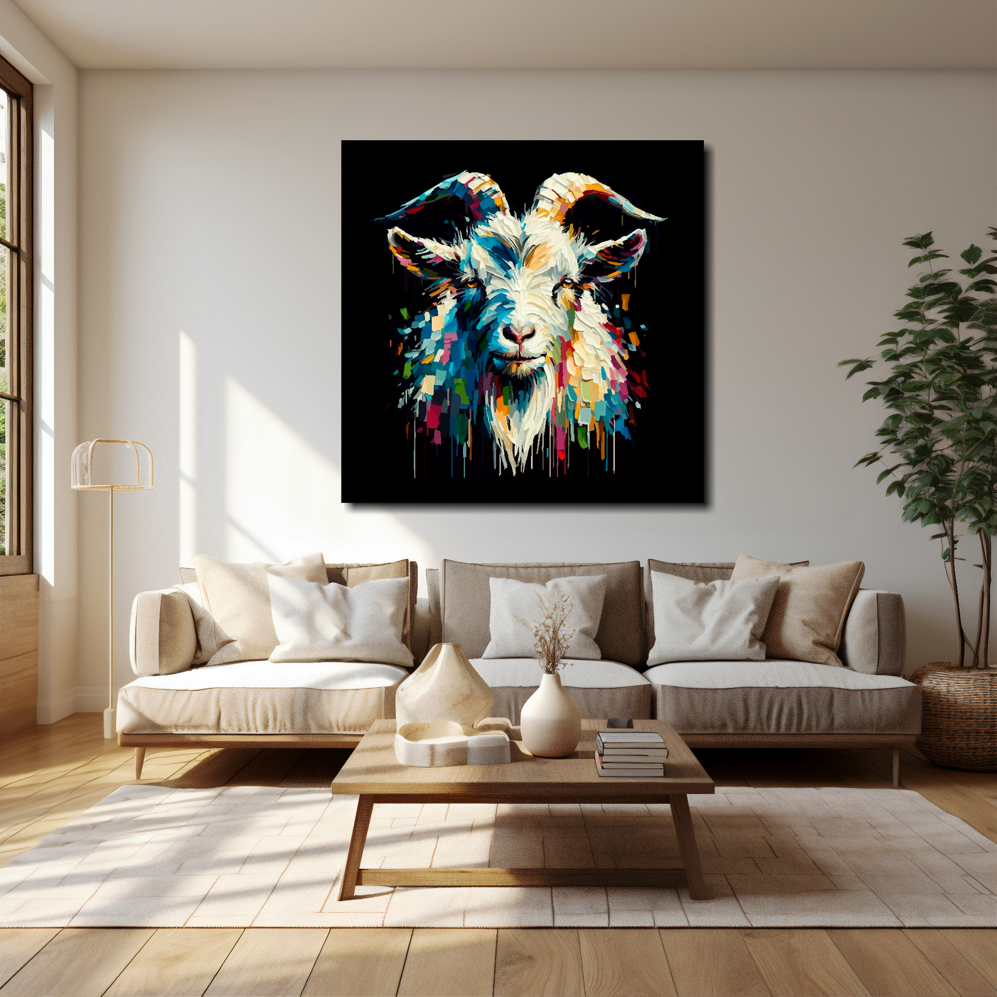 40 inch by 40 inch square canvas of a colouful Goat Portrait on a black background. Mounted on a white wall above a cream sofa with decorative pillows.