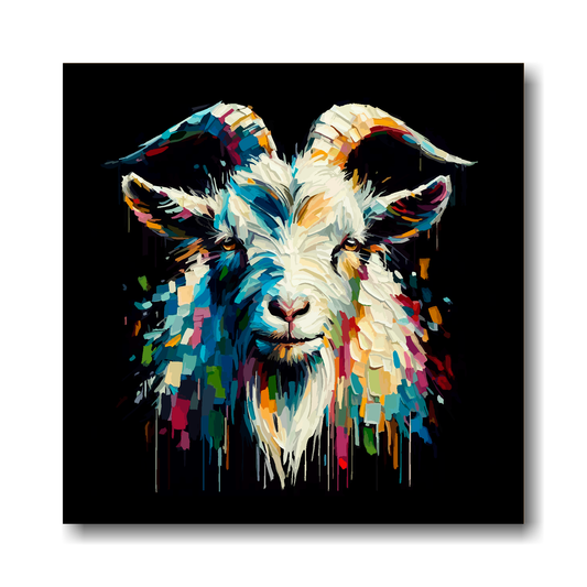 Large canvas wall art - Colourful Goat portrait on a black background. Available in 3 large sizes.