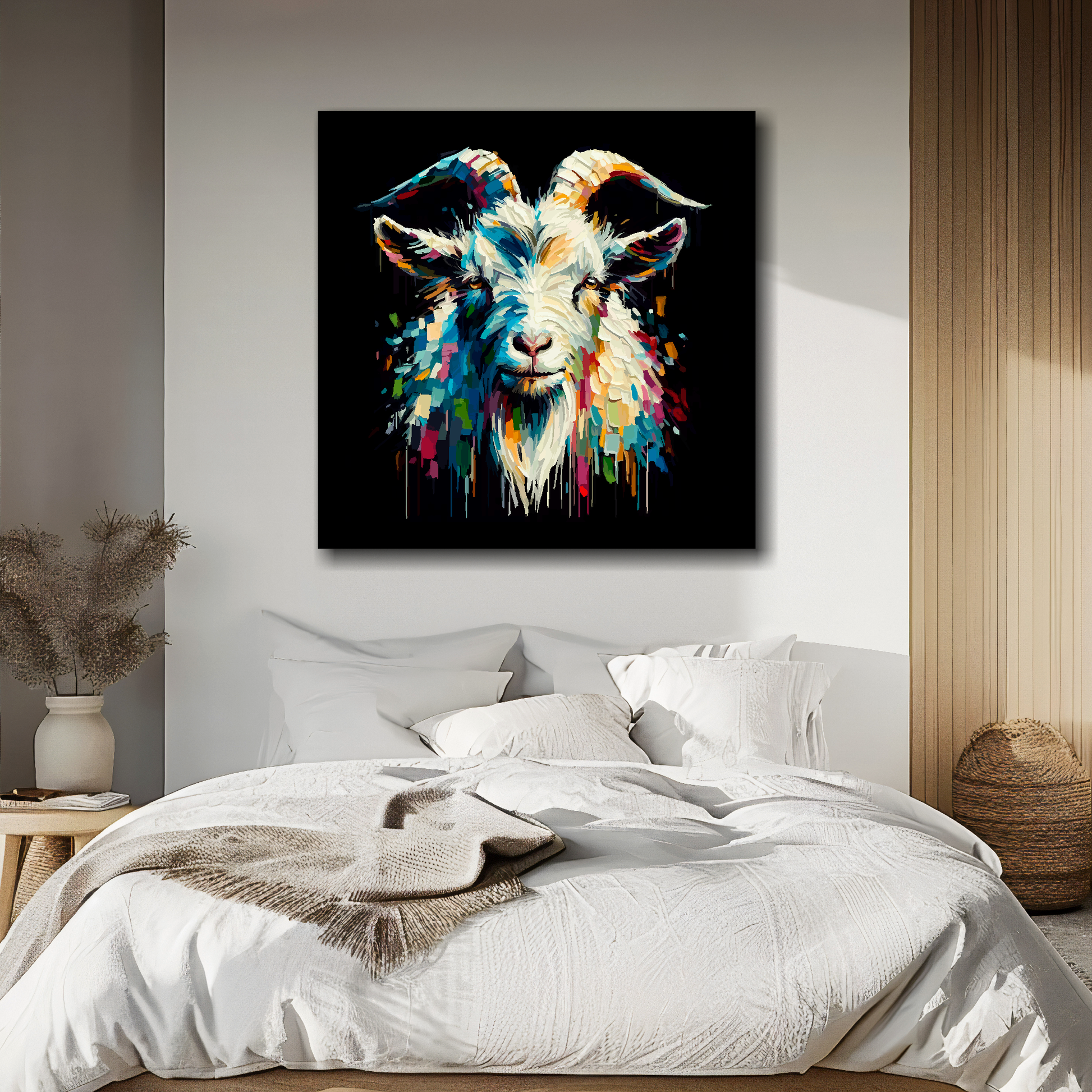 Large canvas wall art - Colourful Goat portrait on a black background. Available in 3 large sizes.
