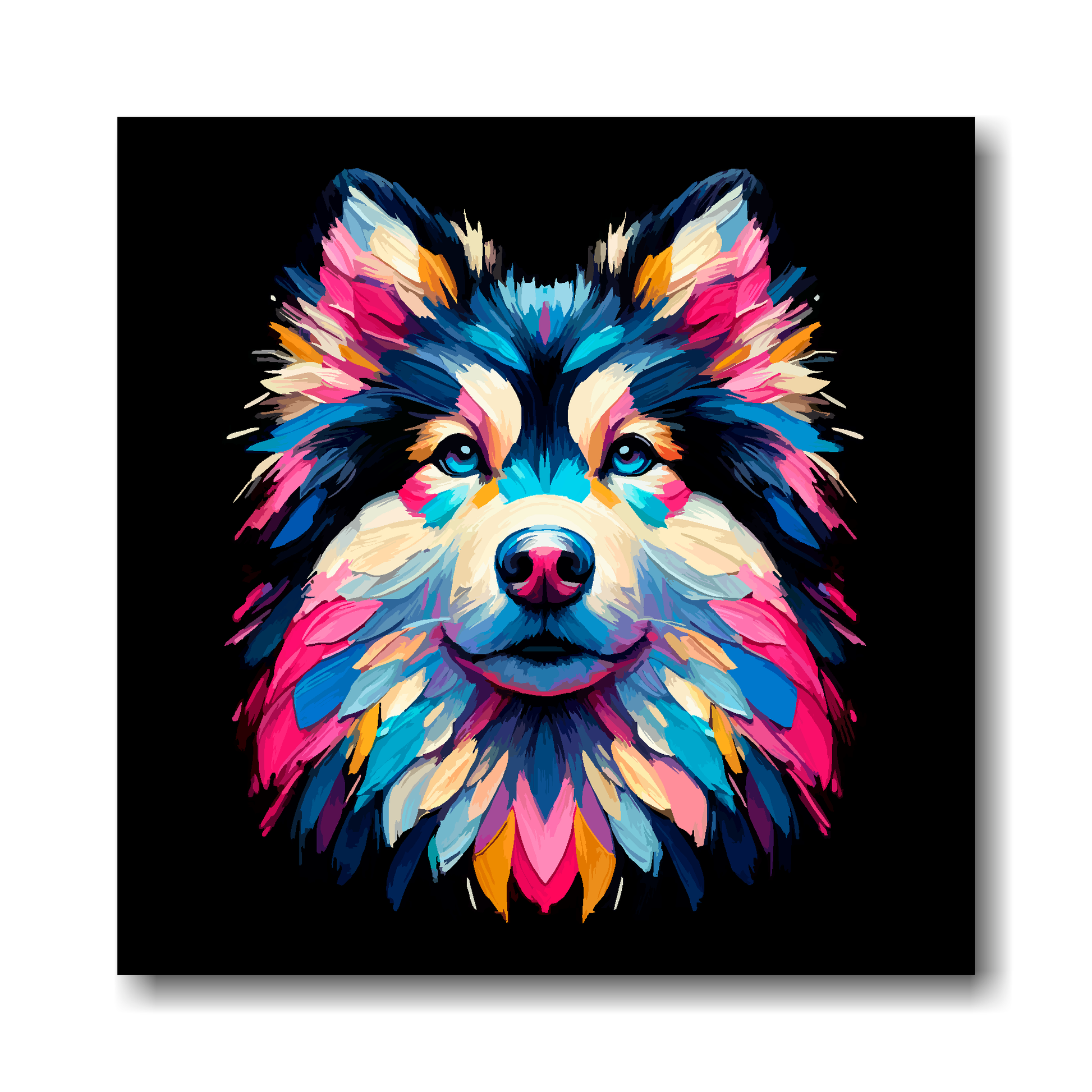 Colourful abstract painting of a Goberian dog portrait on a black background.