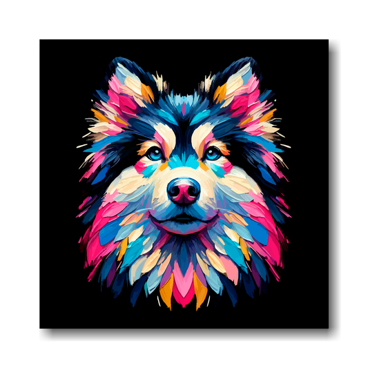 Colourful abstract painting of a Goberian dog portrait on a black background.