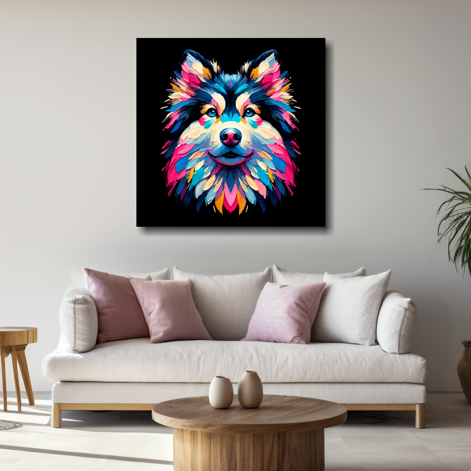 Large canvas print featuring a multi-coloured Goberian dog portrait. Mounted on a white wall above a white sofa with decorative pillows.